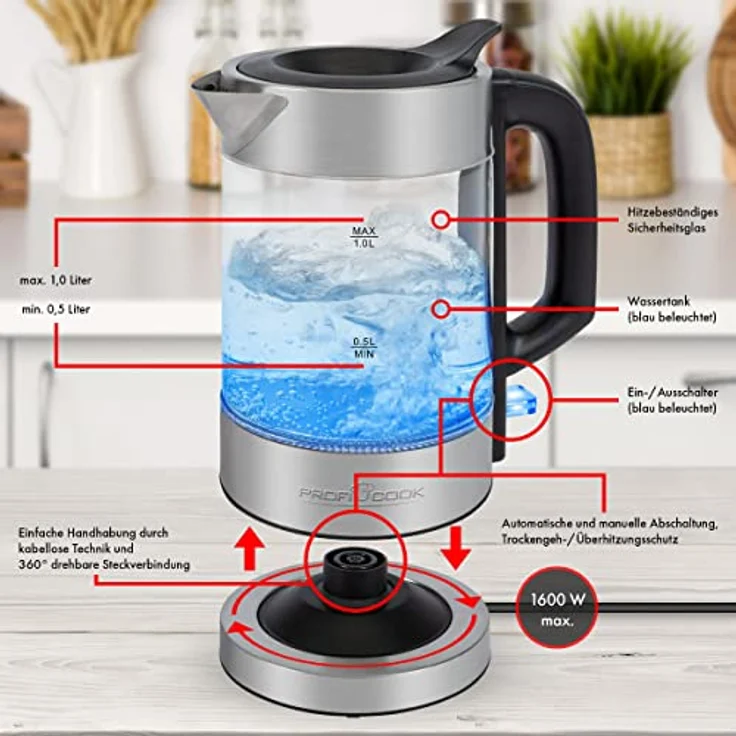 ProfiCook PC-WKS 1229 Glas-Wasserkocher, 1 Liter, Wasserstandsanzeige, LED-Beleuchtung, Kontrollleuchte, silber, schwarz – Bild 4