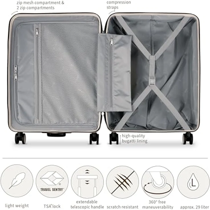 bugatti Linea 4 Rollen Trolley M, 66 cm, beige, aus 100% Polycarbonat, mit komfortablem Handling – Bild 5