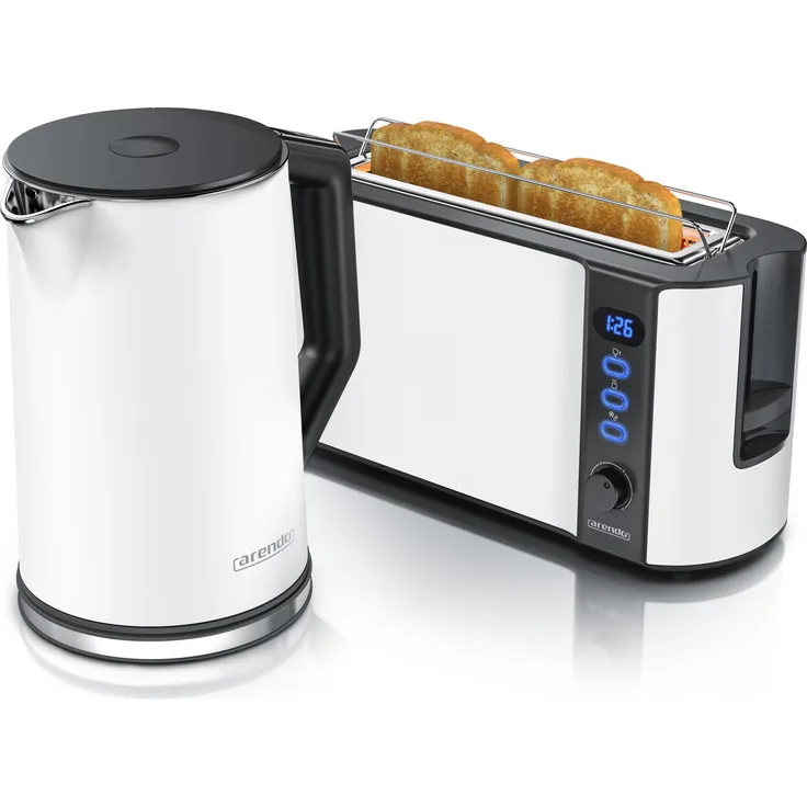 Arendo Frühstücks Set, Edelstahl Wasserkocher 1,5l Temperaturwahl & 2-Scheiben Langschlitz Toaster, Weiß, Toaster, Schwarz, Weiss