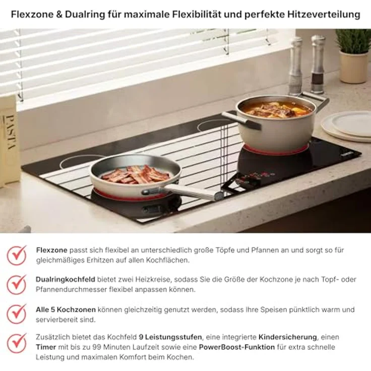 KB Elements Glaskeramikkochfeld ELK107PR, 8400 Watt, 5 Kochfelder, Flexzone, digitale Touchsteuerung, Sicherheitsfunktionen – Bild 3