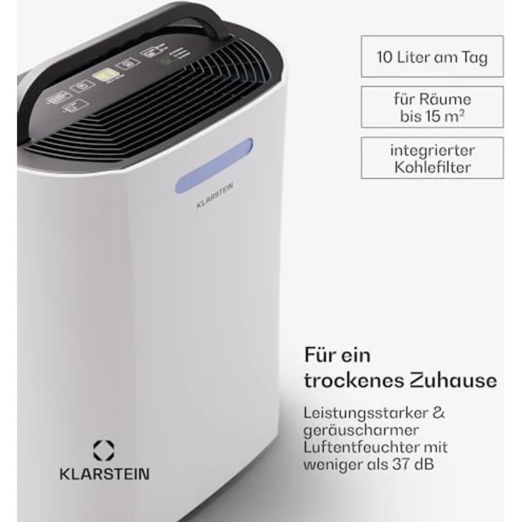Klarstein AeroDry 10 Luftentfeuchter, elektrisch 165W 10l/d 2,5 L Wasser Tank, Leiser Bautrockner für Räume bis 15m2, Touch-Bedienfeld - Preisvergleich – Bild 2
