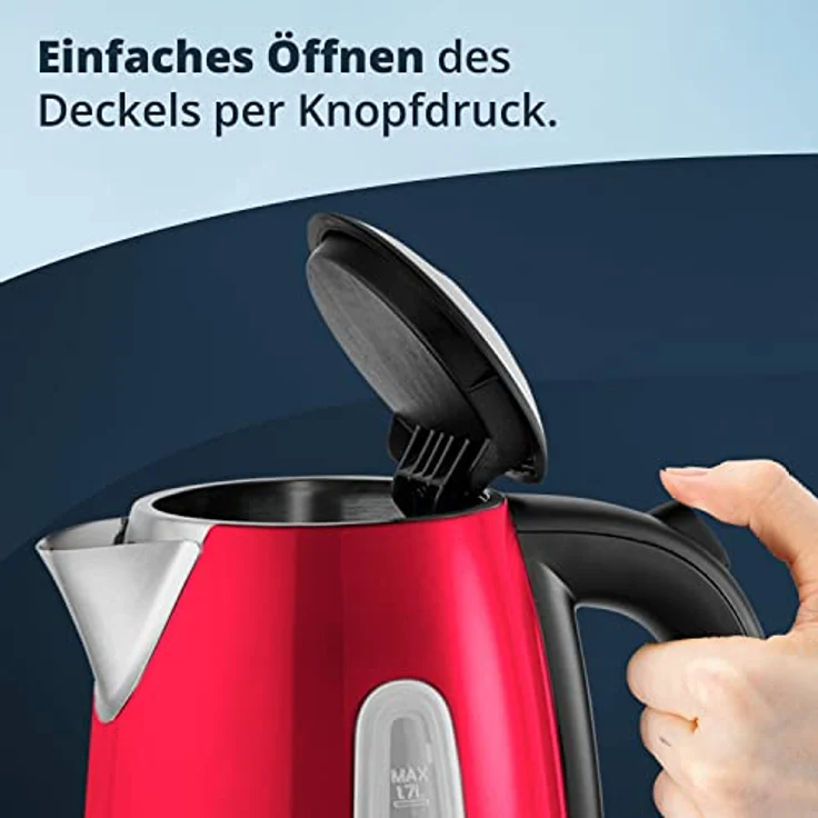 KHG Wasserkocher WK-1707 MRE, Edelstahl rot, 1,7 Liter, 2200 Watt, auswaschbarer Kalkfilter, Wasserstandsanzeige, Trockengehschutz, Abschaltautomatik, BPA-frei – Bild 5