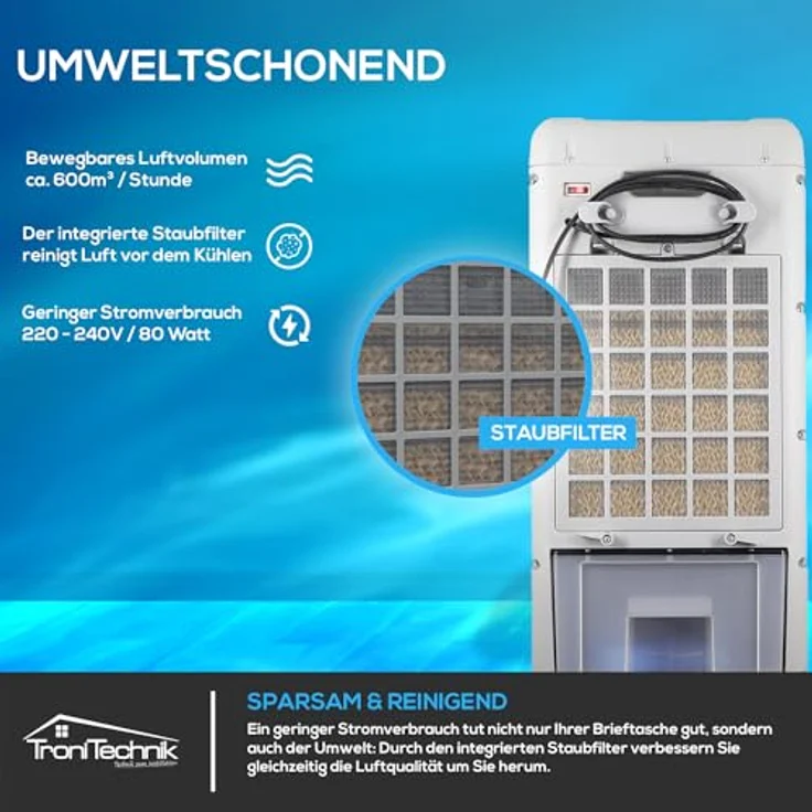 TroniTechnik Ventilatorkombigerät LK06 Aircooler, 10L Wassertank, 5in1 Ventilator, Ionisator, Fernbedienung, Timer, Kühlakku, Oszillation, Weiß – Bild 6