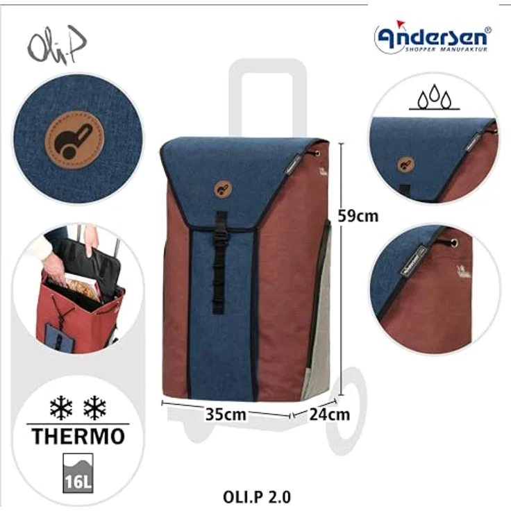 ANDERSEN Einkaufstrolley - Royal Shopper Oli.P 2.0 blau 50 L Einkaufswagen, hochwertig, Shopping, Thermo, Aluminium, klappbar, luftbereiftes Kugellagerrad – Bild 3