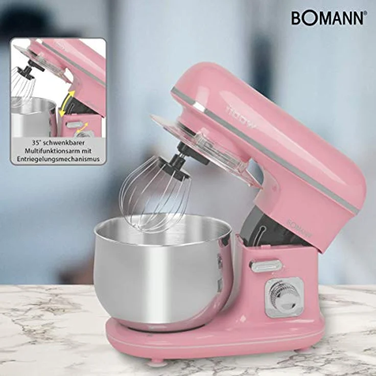 Bomann KM 6030 CB Knetmaschine inkl. transparentem Spritzschutzdeckel mit Nachfüllöffnung, 1100 Watt, 5 Liter, schwenkbarer Multifunktionsarm, pink – Bild 4