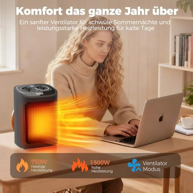 YASHE PTC-919 Elektroheizkörper 1500W, Keramik Heizlüfter mit Thermostat und 2 Heizstufen, Schwarz – Bild 5