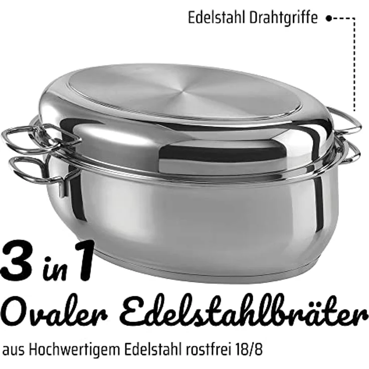 GSW 411318 Edelstahl Multibräter 3in1 oval 38cm, rostfrei 18-8, Glas, silber – Bild 3