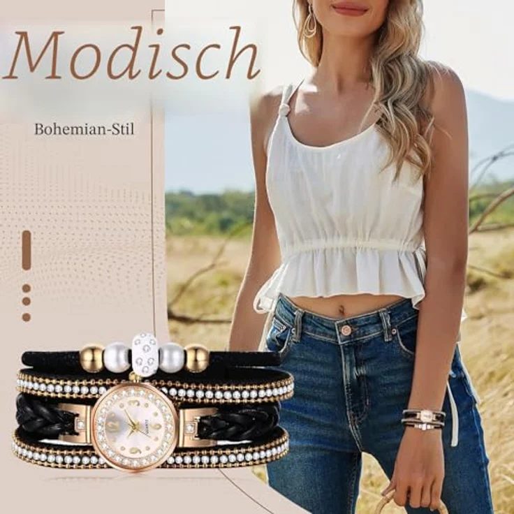 JewelryWe Vintage Damen Armbanduhr, Analog Quarz Uhr mit Schwarz Geflochtenem Lederarmband und Strass, 10m Wasserdicht, Ideal als Geschenk für Frauen – Bild 5