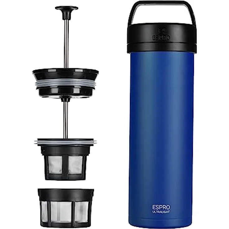 ESPRO Reise French Press Ultralight, Mini Coffee Maker mit Thermo-Funktion, 475ml, blau