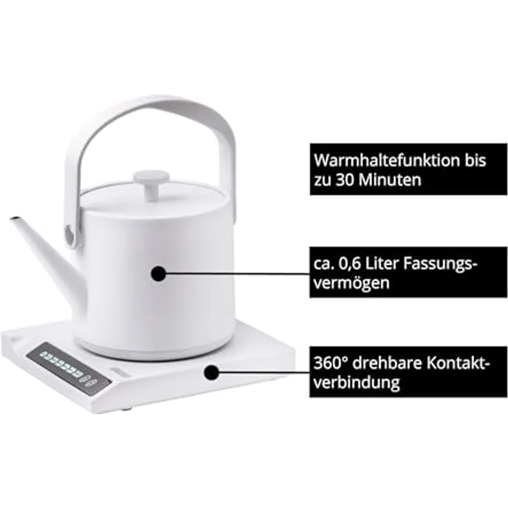 Unold 18210 Blitzkocher Clara, Wasserkocher 1.000 W, 0,6L, 360° drehbar, mit Warmhaltefunktion und 7 Temperaturen (40°C - 100°C), Weiß – Bild 6