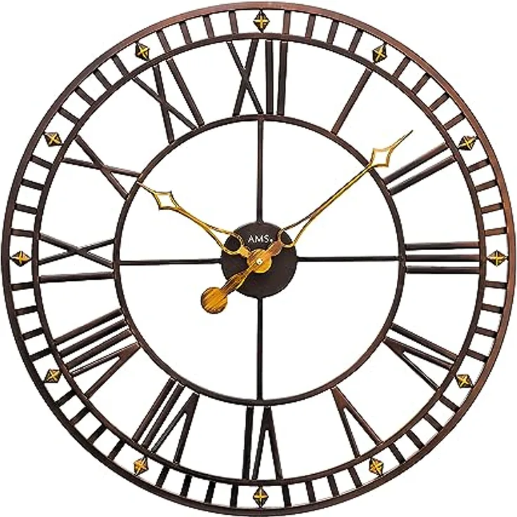AMS. Vintage Wanduhr 9537, Quarz, aus kupferfarbenem Metall, mit römischen Ziffern, 60 cm
