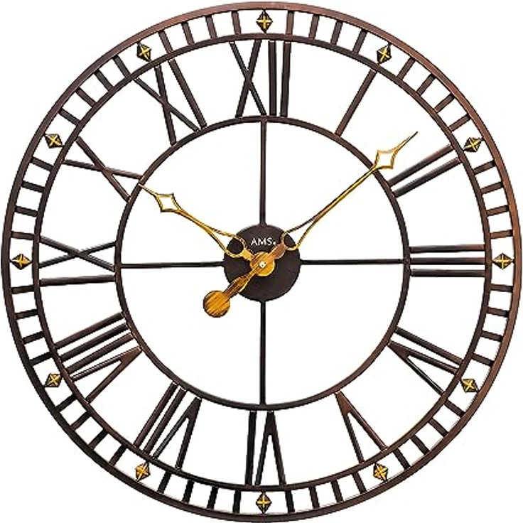 AMS. Vintage Wanduhr 9537, Quarz, aus kupferfarbenem Metall, mit römischen Ziffern, 60 cm
