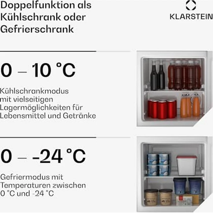 Klarstein Irene Mini-Gefrierschrank, 31L Kühl-/Gefrierkombination, -24 °C bis 10 °C, Energieeffizienzklasse C, Leise 38 dB, Weiß – Bild 2
