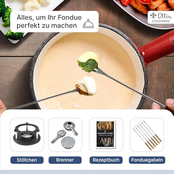 Ottia Fondue Set, Gusseisen & Emaille für 2-6 Personen, Induktionsgeeignet, mit Brenner, 6 Gabeln & Rezeptbuch, ideal für Käse-, Fleisch- & Schokofondue – Bild 3