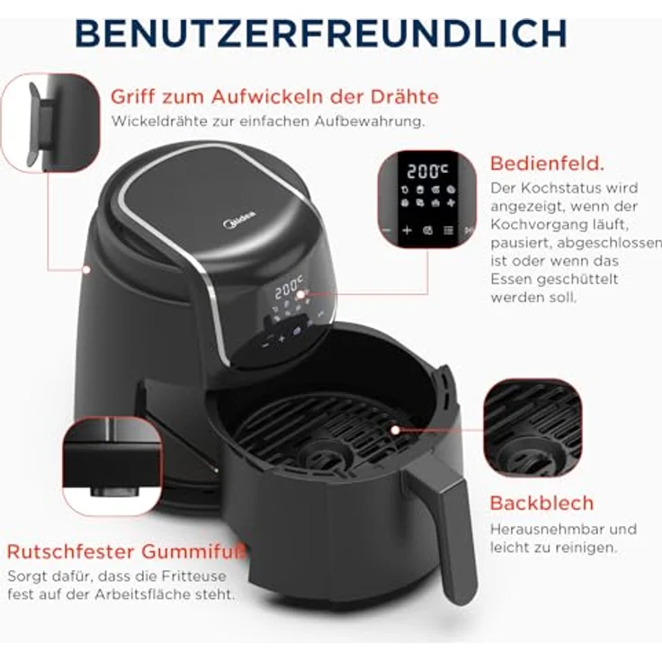 Midea Heißluftfritteuse 4L AirFryer, LED-Touchscreen, 35-200°C, 8 Kochfunktionen, spülmaschinenfest, HeatXpress Technologie, 90% weniger Öl, 41 Rezepte – Bild 4
