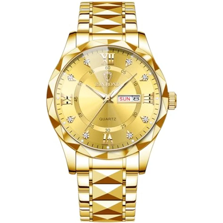 JewelryWe Herrenuhr Gold Edelstahlarmband, 30m wasserdicht, Kalender, Analog Quarz mit römischen Ziffern und leuchtenden Zeigern – Bild 1