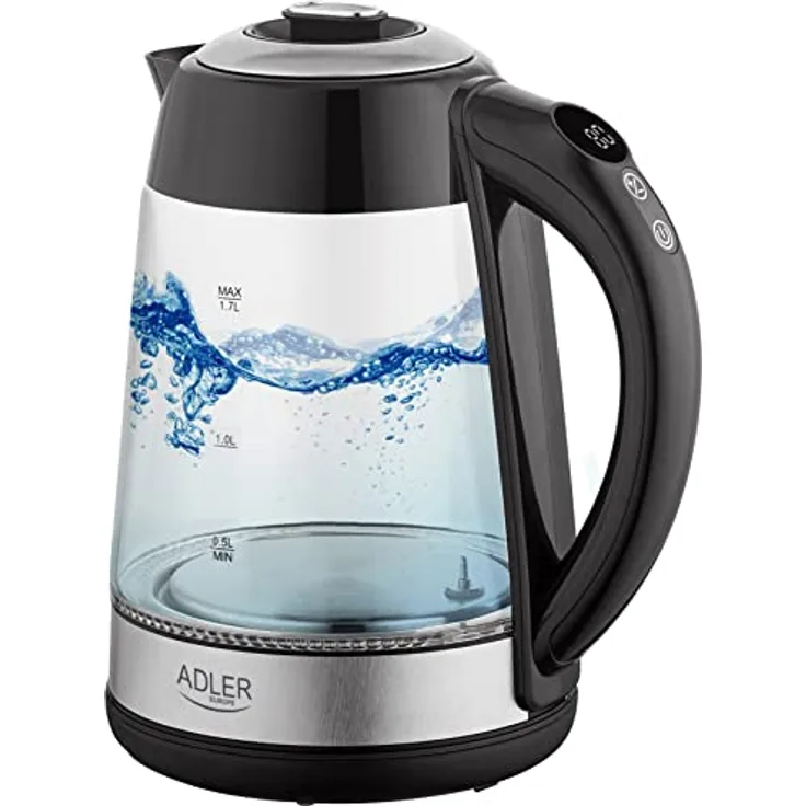 JUNG ADLER AD1285 Wasserkocher mit Temperatureinstellung (40-100°C) Digital, 2200W, Glas mit Edelstahl, 1,7 Liter, LED Innenbeleuchtung mit Farbwechsel, 360° Basis, BPA- Frei