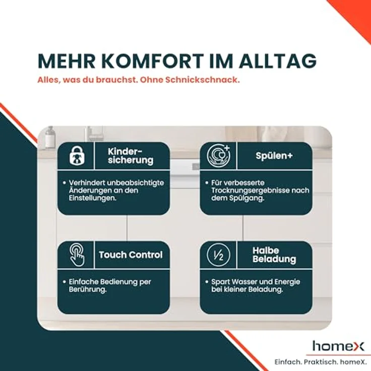 homeX DWSI601449E Geschirrspüler 60 cm, teilintegrierbar, 14 Maßgedecke, 6 Programme, leise mit 49 dB, Energieeffizienzklasse E – Bild 8