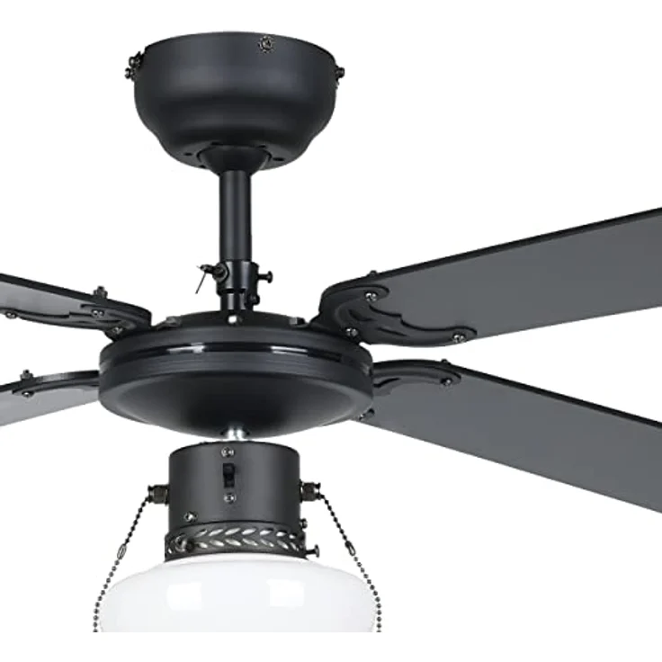 EGLO Deckenventilator Fortaleza, 4 Flügel Ventilator mit Zugkette, Beleuchtung, Holz, Stahl in schwarz matt, Glas in Weiß, AC Motor, Ø 106,6cm – Bild 3