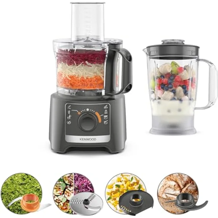 Kenwood Multipro Compact FDP31.170GY, Küchenmaschine mit 800 W, 2 Geschwindigkeiten + Pulse, 2,1 l Schüssel, 1,2 l Mixer, zum Hacken, Reiben und Kneten, grau