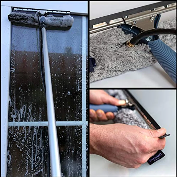 FenWi 4m Wasserteleskopstange im Set zur Glasflächen und Wintergarten Reinigung/wasserführende Fensterwischer und Waschbürste komplett mit 15m Wasserdurchlauf Schlauch – Bild 5