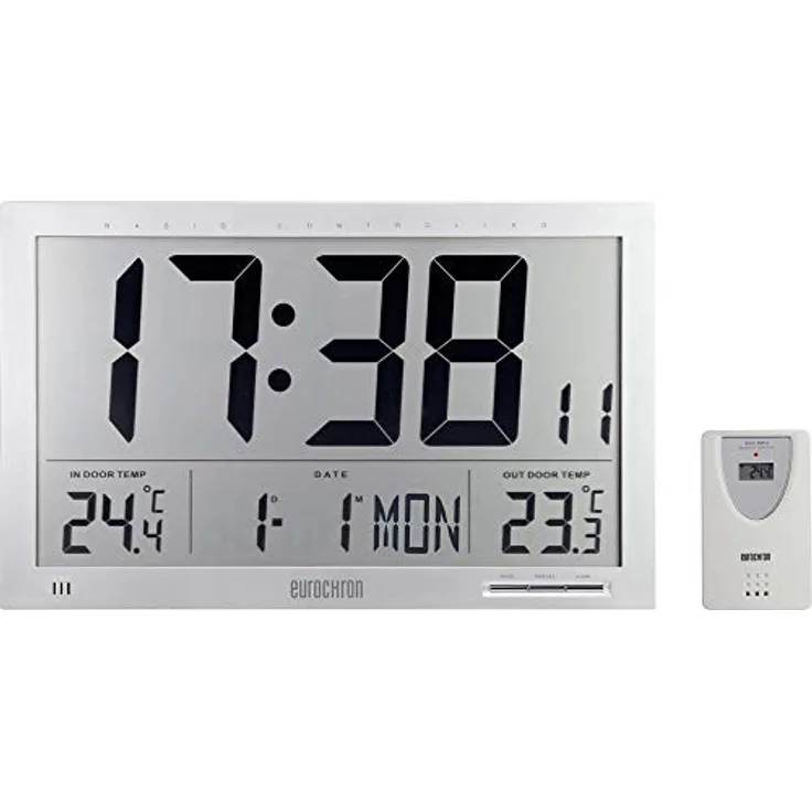 Eurochron EFWU Jumbo 102 Funk Wanduhr 370 mm x 230 mm x 30 mm Silber