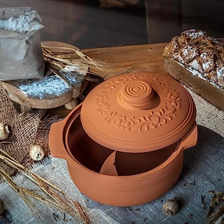 KADAX Tonbräter Augustus, Runde Keramikaufbewahrung 4L mit Deckel, Dampfgarer für fettfreies Kochen, geeignet für Mikrowelle und Backofen – Bild 4
