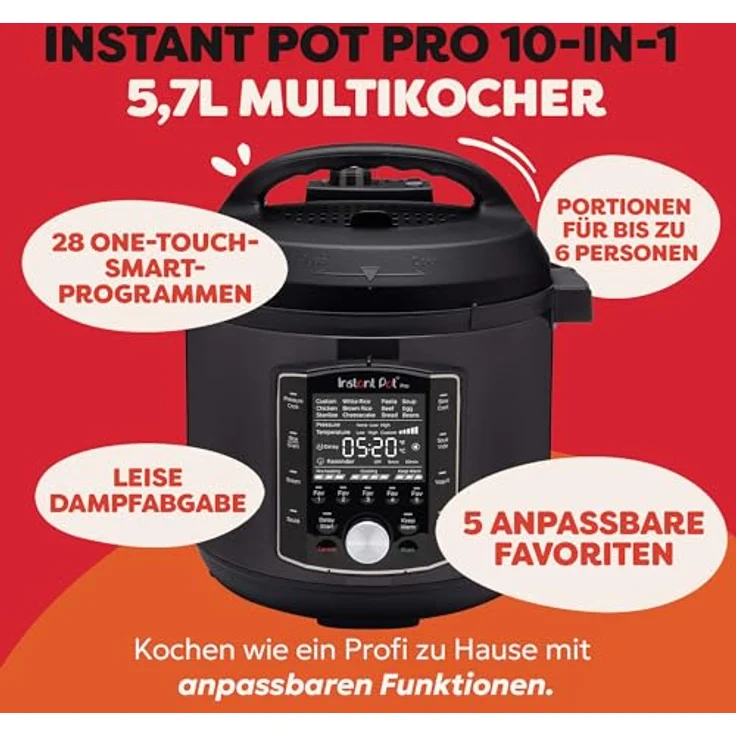 Instant Pot Pro 10-in-1-Elektro-Multikocher, 1200 W, 5,7 L, Schnellkochtopf, Schongarer, Dampfgarer, Sous Vide, schwarzer Edelstahl – Bild 2