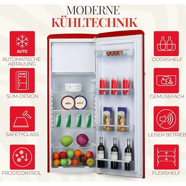 Amica KSR 364 150 R Retro-Kühlschrank, freistehend, rot, Energieklasse E – Bild 7