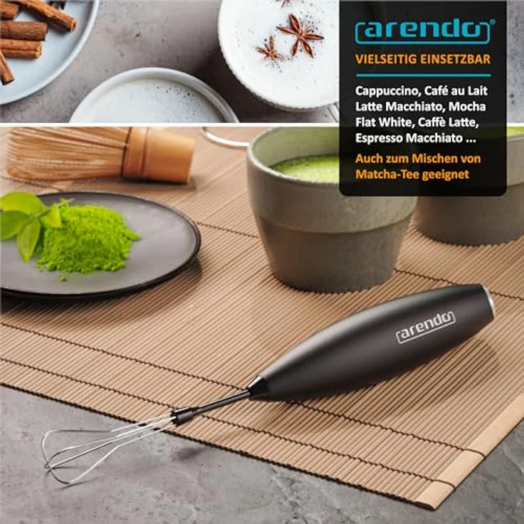 Arendo - Stab Milchaufschäumer elektrisch - MINI MILKSPACE - Motor mit 13.000 U/min - Dual-Quirl und Schneebesen - Batteriebetrieben - Cappuccino Shakes Cocktails - Soft-Touch-Oberfläche - inkl. Ständer – Bild 5