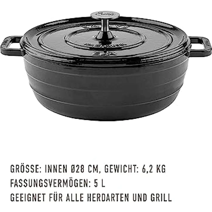 Sallys 'Ela' Deluxe Gusseisentopf/Gusseisenpfanne - Gusseisen Bräter für Perfektes Garen und Backen auf Induktion, 5 Liter Fassungsvermögen, Hitzebeständig bis 250 °C, Fury Black Majolika – Bild 2