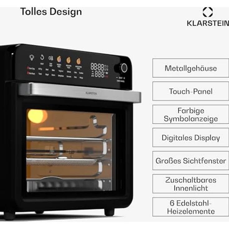 Klarstein AirGlaze Digital Heißluftfritteuse – 34 L, 2200 W, 19 Programme, Rotisserie, Touch Display, Pizzastein & Grillroste, Doppelt Verglaste Tür, Schwarz – Bild 4