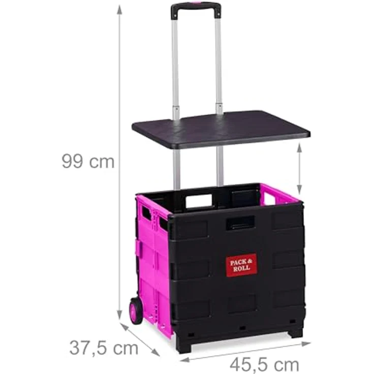 Relaxdays Einkaufstrolley klappbar, bis 35 kg, 50 l Kiste, mit Teleskopgriff, 2 Rollen, Transport Trolley, pink/schwarz – Bild 4