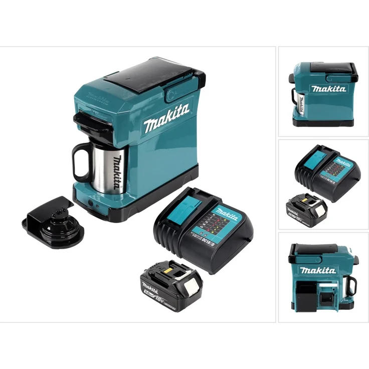 Makita DCM 501 RT Kaffeemaschine Akku betrieben, tragbar + 1x 5,0 Ah Akku & Ladegerät, 240 ml Wasserbehälter, 4 Tassen pro Akku-Ladung, blau