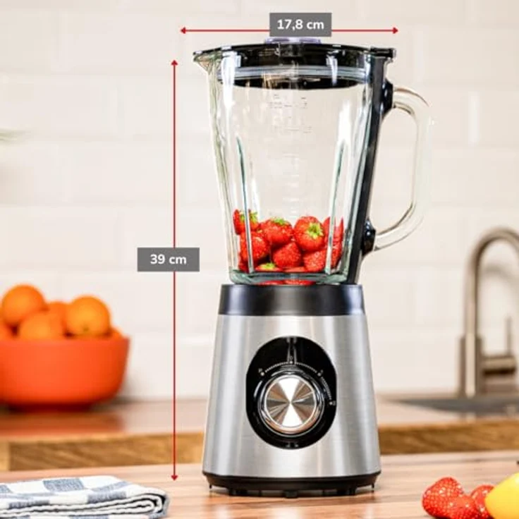 alpina Mixer 1,5L, Smoothie Maker 500W mit Glasbehälter, 2 Geschwindigkeiten, Pulsfunktion, rutschfeste Füße, schwarz-silber – Bild 4