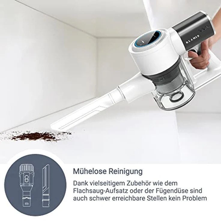 KLAMER Akku-Staubsauger, 420 Watt Kabelloser Staubsauger, Flexibler Akku Handstaubsauger mit verschiedenen Aufsätzen, Flex Staubsauger mit LED Licht – Bild 5