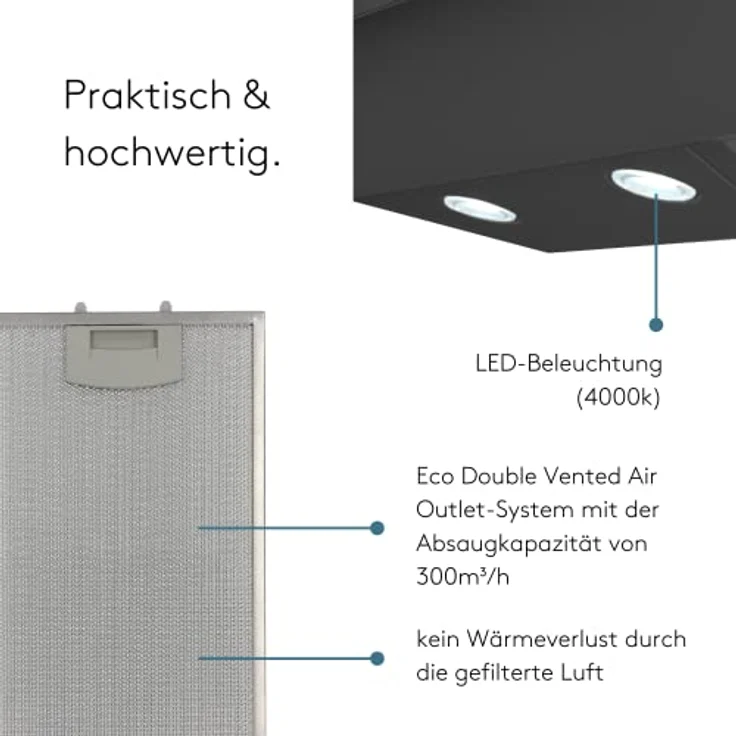 Wiggo Dunstabzugshaube 60cm kopffrei I Abluft Umluft Dunstabzug 300m³/h - LED Touch-Display 3 Stufen I Schräghaube inkl. Fettfilter & 2x Kohlefilter I Abzugshaube mit 2 teiliger Glasfront grau – Bild 3