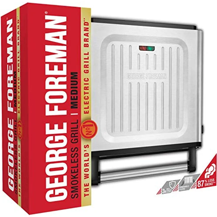 George Foreman Kontaktgrill Smokeless 87% weniger Rauch, abnehmbare & spülmaschinengeeignete Grillplatten, 200°C Grilltemperatur, Edelstahlgehäuse Tischgrill, Panini Maker, Sandwich Maker 28000-56 – Bild 2