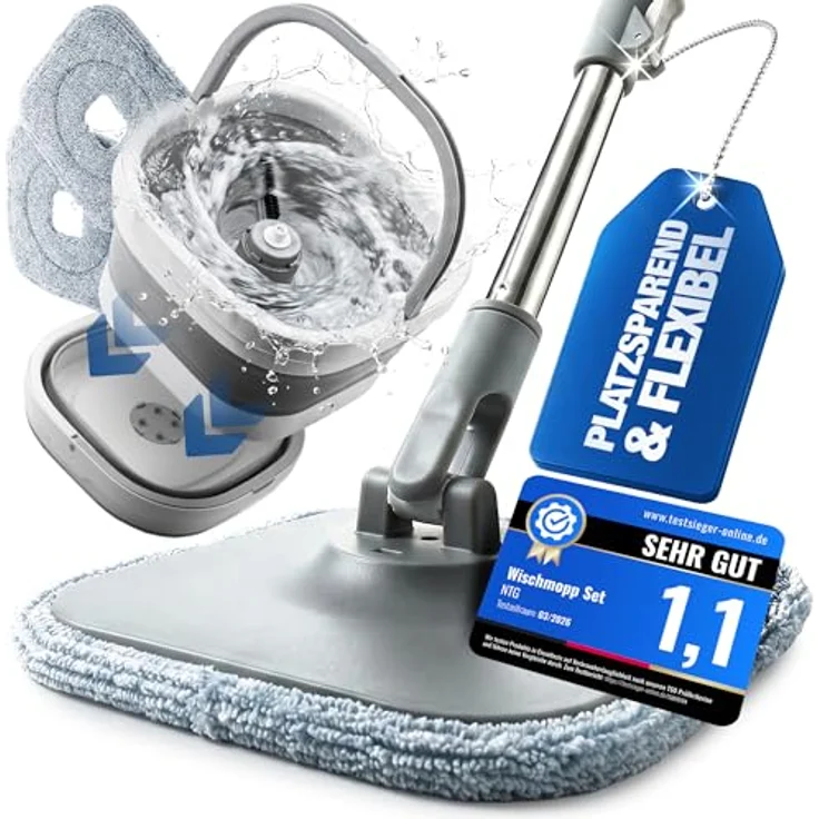NTG Nutzfahrzeug Technik GmbH Wischmopp Set Roto-Mob mit Flex Eimer, 123 cm Teleskopstange & Mikrofaser-Pads, 2-Kammer-System für alle Bodenarten – Bild 1