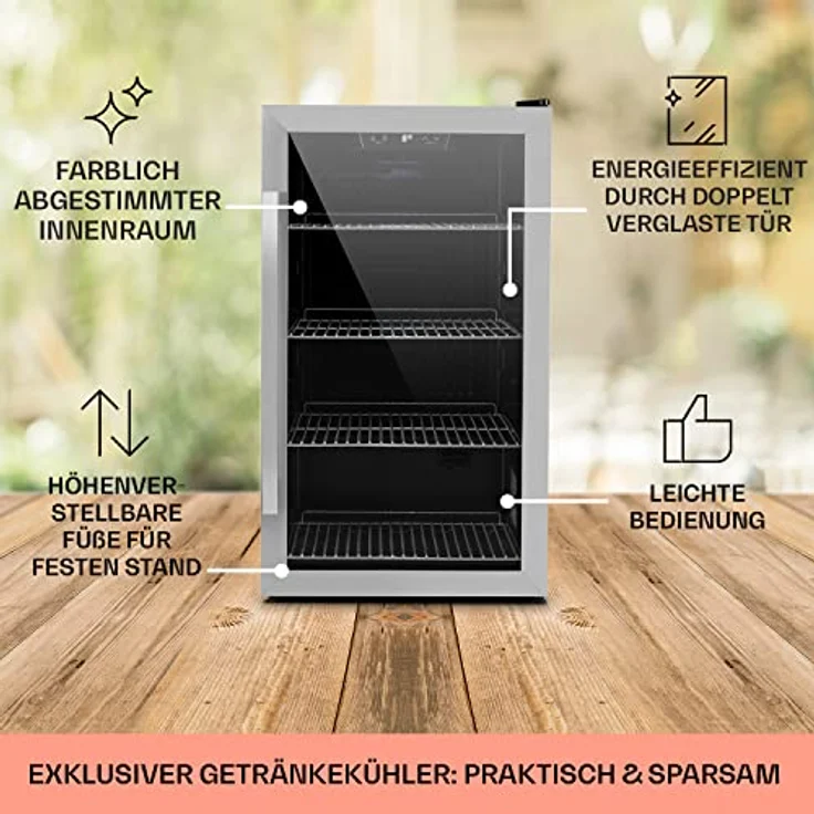 Klarstein Mini Kühlschrank mit Glastür, 124 L Getränke Kühlschrank, leise und verstellbare Ablagen, Indoor/Outdoor, Edelstahl – Bild 5