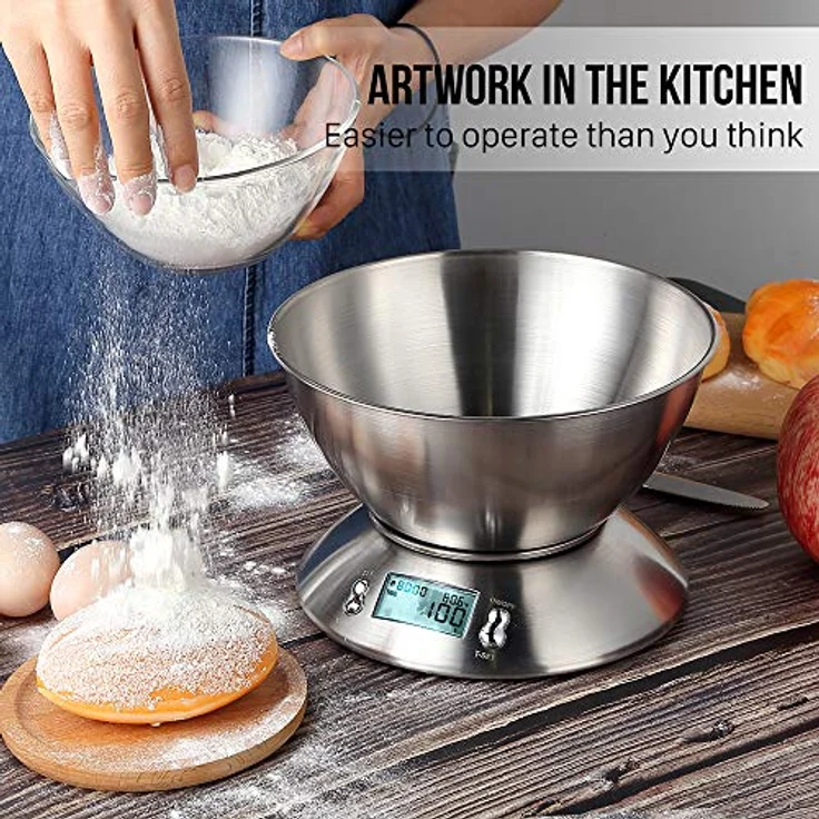 himaly 5KG Digitale Küchenwaage, Edelstahl-Kochwaage mit Abnehmbarer Schüssel zum Backen und Kochen, Tara-Funktion, LCD-Display, Auto-Off – Bild 2