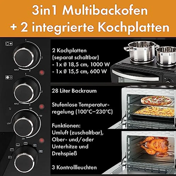 Clatronic® Mini-Backofen mit Kochplatten und Drehspieß - gleichzeitig kochen u. backen - Minibackofen 28L Umluft Ober-/Unterhitze 100°-230°C, Elektrischer Mini Ofen 3100 Watt inkl. Zubehör - KK 3786 – Bild 3
