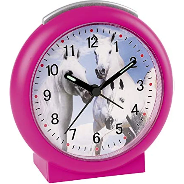 Atlanta Kinderwecker Pferde, analoger Wecker ohne Ticken in Pink mit Snooze-Funktion und beleuchtetem Ziffernblatt, 11 cm – Bild 1