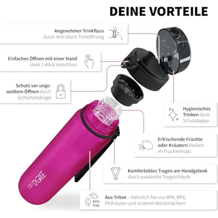 Trinkflasche Wasserflasche Fruchteinsatz 0,5L - BPA-Frei uberBottle 720 DGREE fuchsia pink – Bild 2