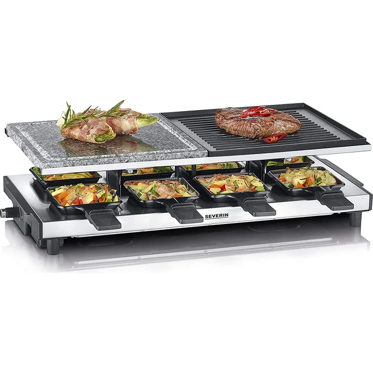 Severin RG 2373 Raclette-Grill mit Naturgrillstein und Grillplatte, Raclette mit antihaftbeschichteter Grillplatte, Tischgrill für 8 Personen, max. 1.700 W, edelstahl, schwarz