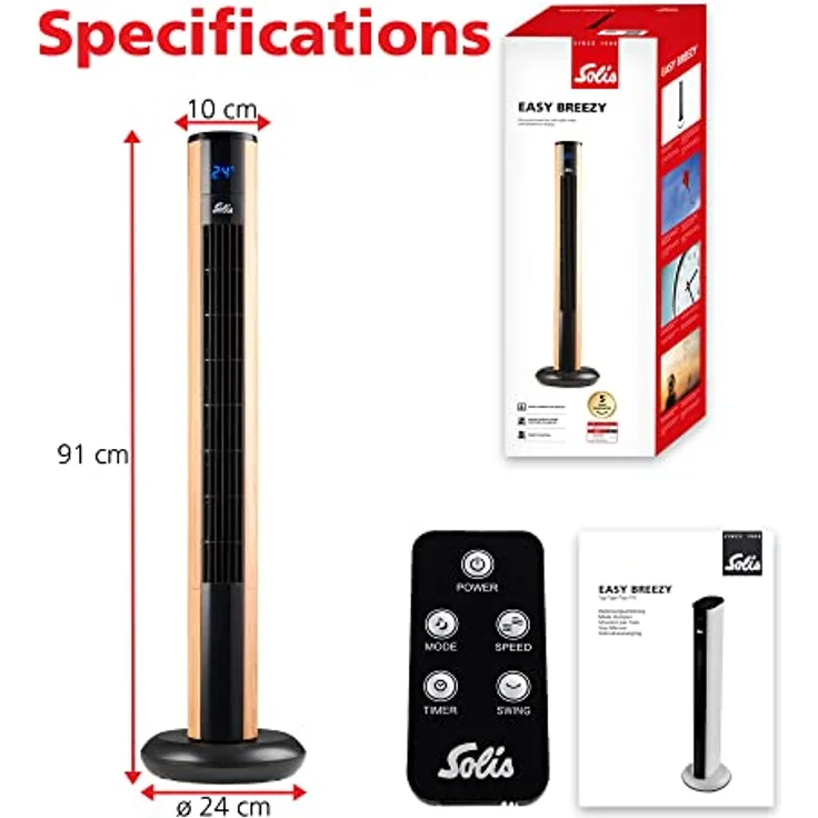 Solis Turmventilator mit Temperaturanzeige und Fernbedienung, Eingebauter Staubfilter, 91 cm Höhe, Easy Breezy Wood Effect (Typ 757), 970.50 – Bild 4