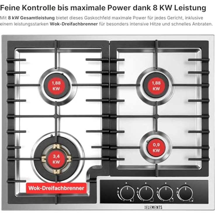 KB ELEMENTS Gaskochfeld ELK60GH2, 4-flammig mit Vollkupfer-Brenner, 60cm, Wok-Dreifachbrenner, Edelstahl 304, automatische Sicherheitsabschaltung, LPG/NG – Bild 6