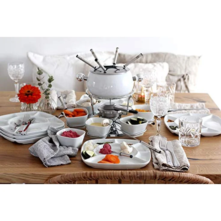 Mäser 931228 Fondue-Set 28-teilig, weißer Fonduetopf inklusive Spritzschutz, Fonduegabeln, Schälchen und Fondueteller für 6 Personen – Bild 2