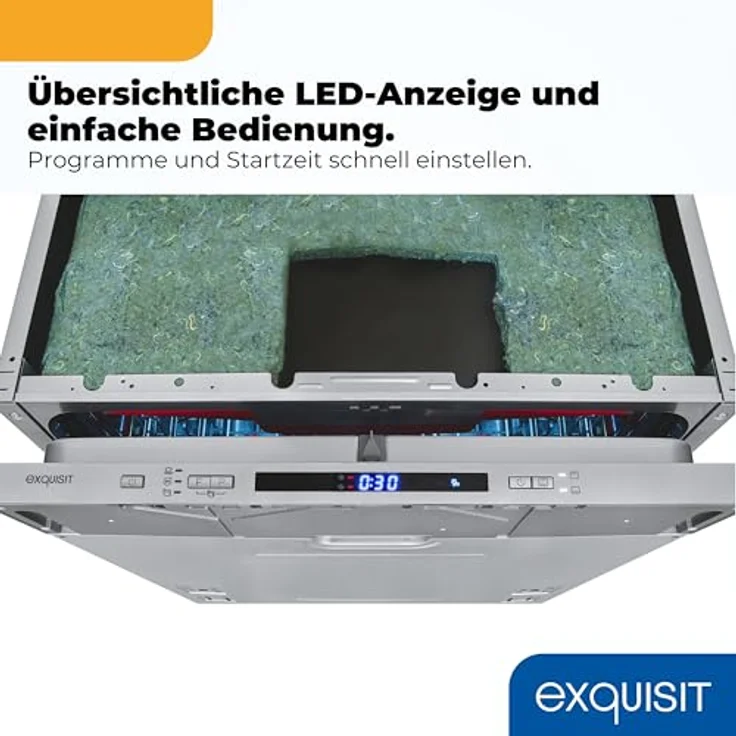 Exquisit EGSP9614-E-030A, vollintegrierbarer Geschirrspüler mit 14 Maßgedecken, 8 Programmen, Extra Hygiene, 42 dB, Energieklasse A, Inox – Bild 4
