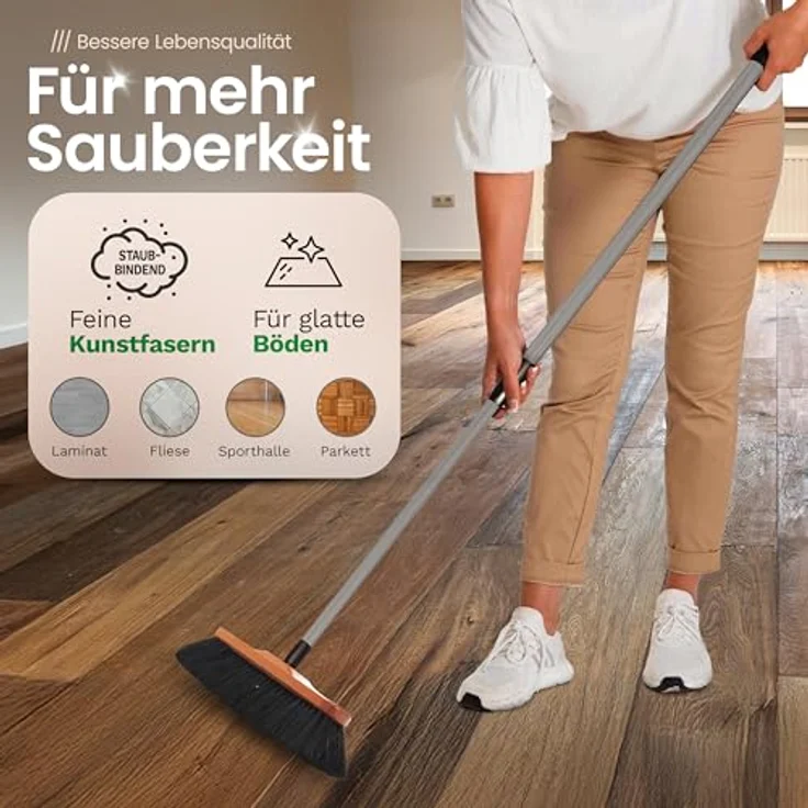 Novaliv Kehrgarnitur 19528-19527-19522, Handfeger und Teleskop-Zimmerbesen mit Rosshaar-Mischung, Maße Handfeger 29x7x8 cm, ausziehbarer Stiel von 74 cm bis 129 cm – Bild 7
